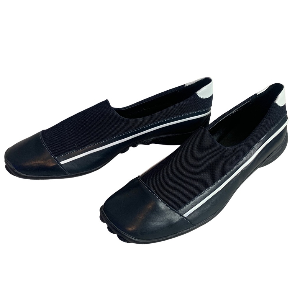 Sesto Meucci 🇮🇹 Navy Blue White Leather Fabric Slip On Loafers Ladies Sz 8.5M
